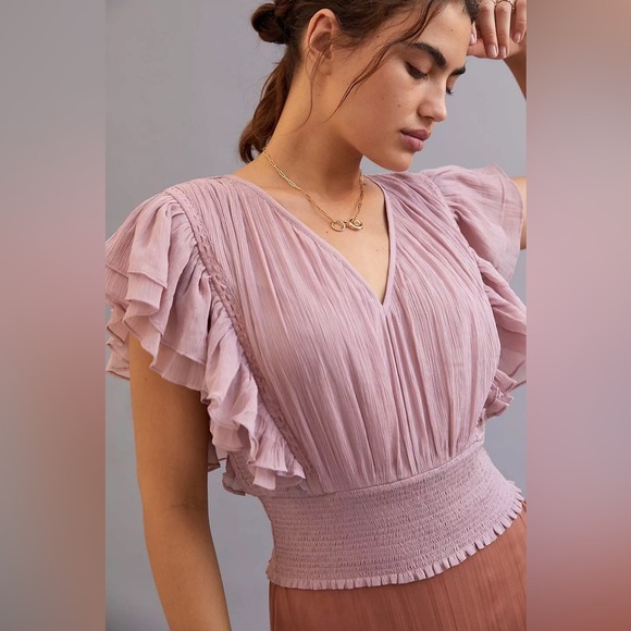 FOREVER THAT GIRL by ANTHROPOLOGIE NWOT Smocked Ruffle Blouse in Lilac - Picture 1 of 9